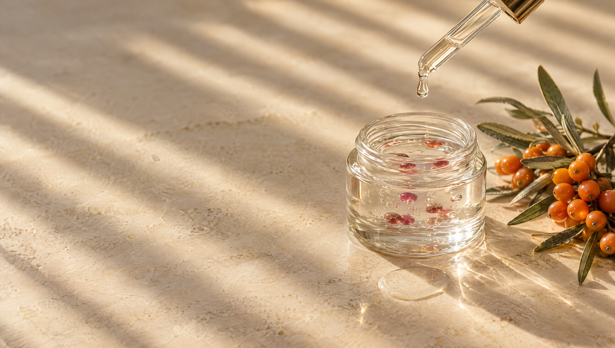 Glass dropper with watery serum, a jar of clear gel with red beads and sea buckthorn berries in warm window light