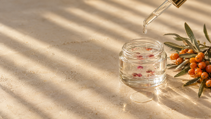 Glass dropper with watery serum, a jar of clear gel with red beads and sea buckthorn berries in warm window light