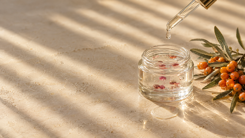 Glass dropper with watery serum, a jar of clear gel with red beads and sea buckthorn berries in warm window light