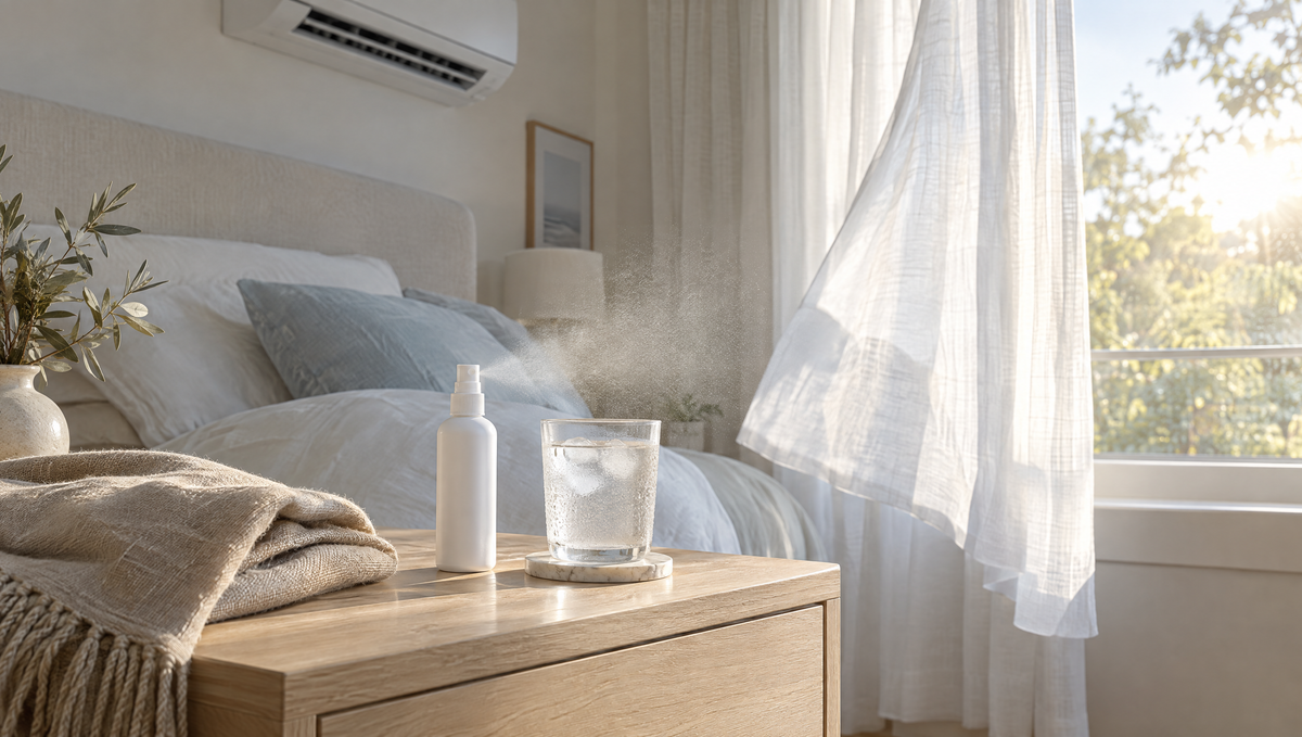 Calm bedroom with a curtain moving under an air conditioner, a mist bottle and a glass of iced water on the bedside table