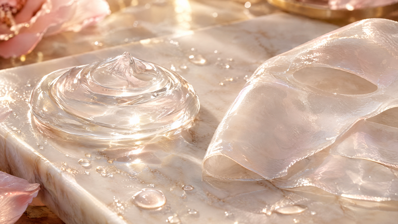 Glossy clear jelly cream and a translucent hydrogel mask on an ivory marble tray in golden light