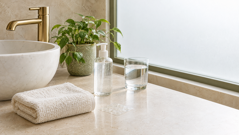 Bright bathroom counter with a clear gel cleanser, a folded towel and a sheet of clear pimple patches