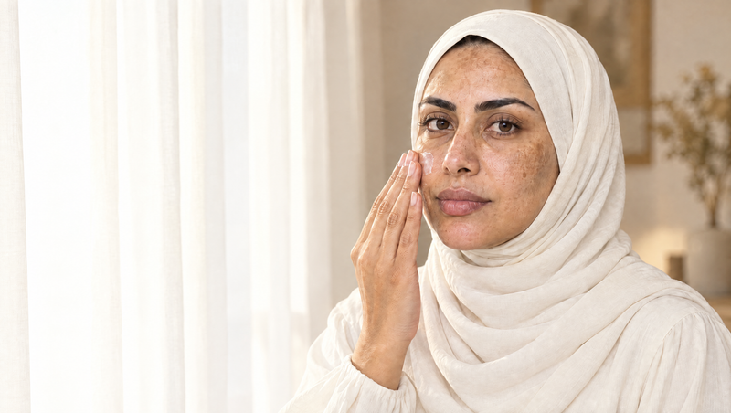 Woman in an ivory hijab smoothing sheer sunscreen onto her cheek by a bright window